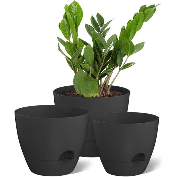 Black Self-Watering Plant Pots - Set of 3 - Picture 1 of 6